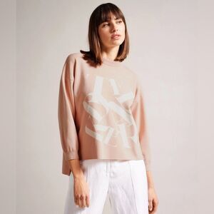 Ted Baker Elssiaa Branded Jacquard Long Sleeve Crewneck Knit Top Size Small